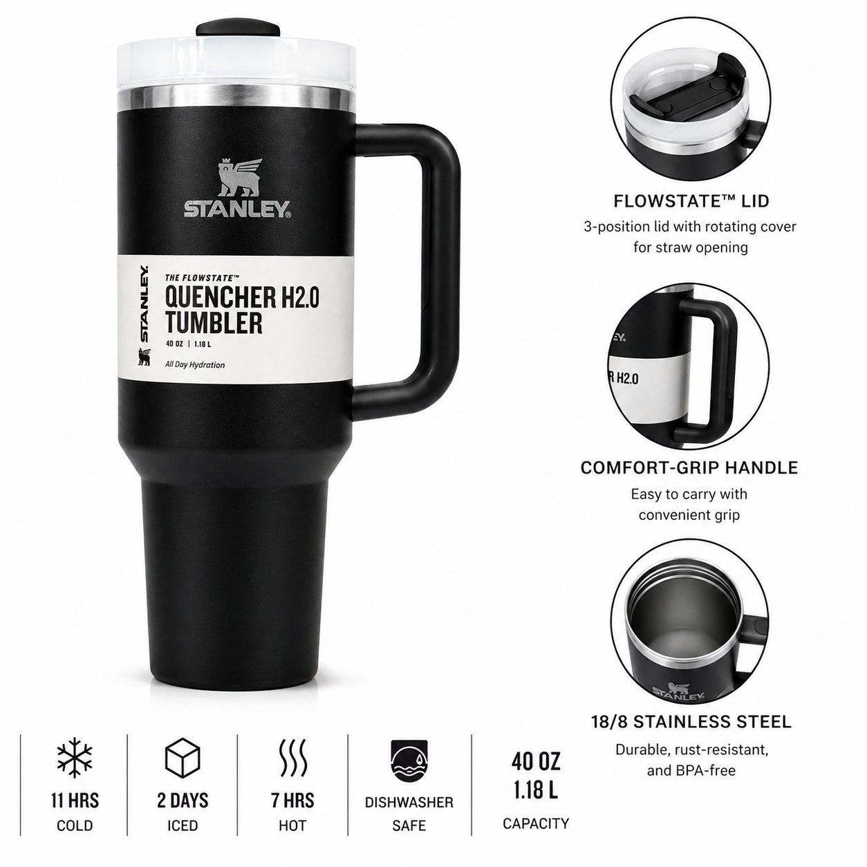 Stanley Style Tumbler – Premium Stainless Steel Vacuum Insulated Travel Mug with Handle & Straw
